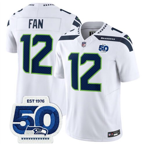 White Seattle Seahawks #12 Fan 2025 F.U.S.E. 50th Anniversary Patch Vapor Untouchable Limited Stitched Football Jersey - SSR67