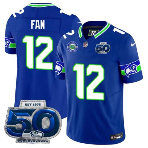 Royal Seattle Seahawks #12 Fan 2025 F.U.S.E 50th Season Patch Throwback Vapor Limited Stitched Football Jersey - SSR49